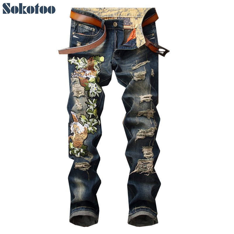 Sokotoo Mannen tijger borduurwerk gaten ripped jeans Mode slim verontruste trendy denim broek