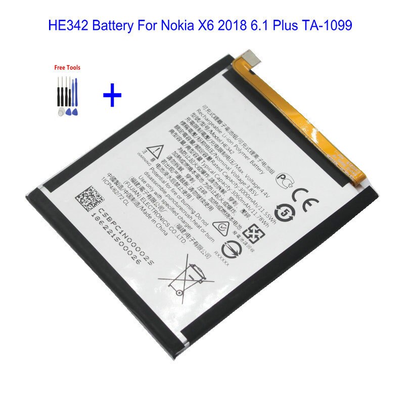 1x HE342 3060 Mah/11.78Wh Vervangende Batterij Voor Nokia X6 6.1 Plus Ta-1099 Ta-1109 x5 5.1 Plus Batterijen Bateria: With tool