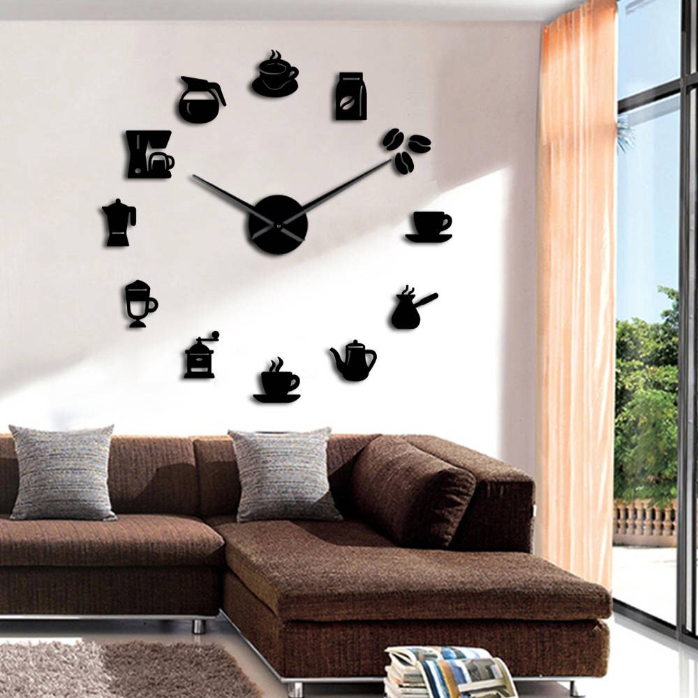 Coffee Signs Modern Kitchen Clock 3D DIY Size Adjustable Wall Clock Watch Quartz Acrylic Mirror Sticker Coffee Bean Clock