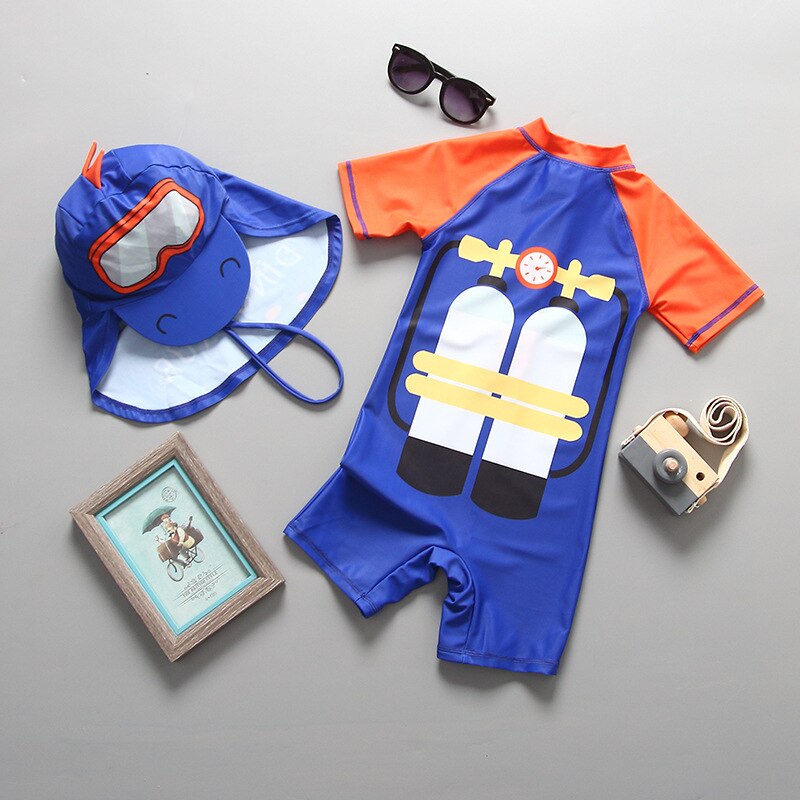 Swimwear for children Baby Swimsuit One Piece with Sun Cap UV50 Bathing Suit Boy Front Zipper Kids Swimming Clothes Beach Wear: 110