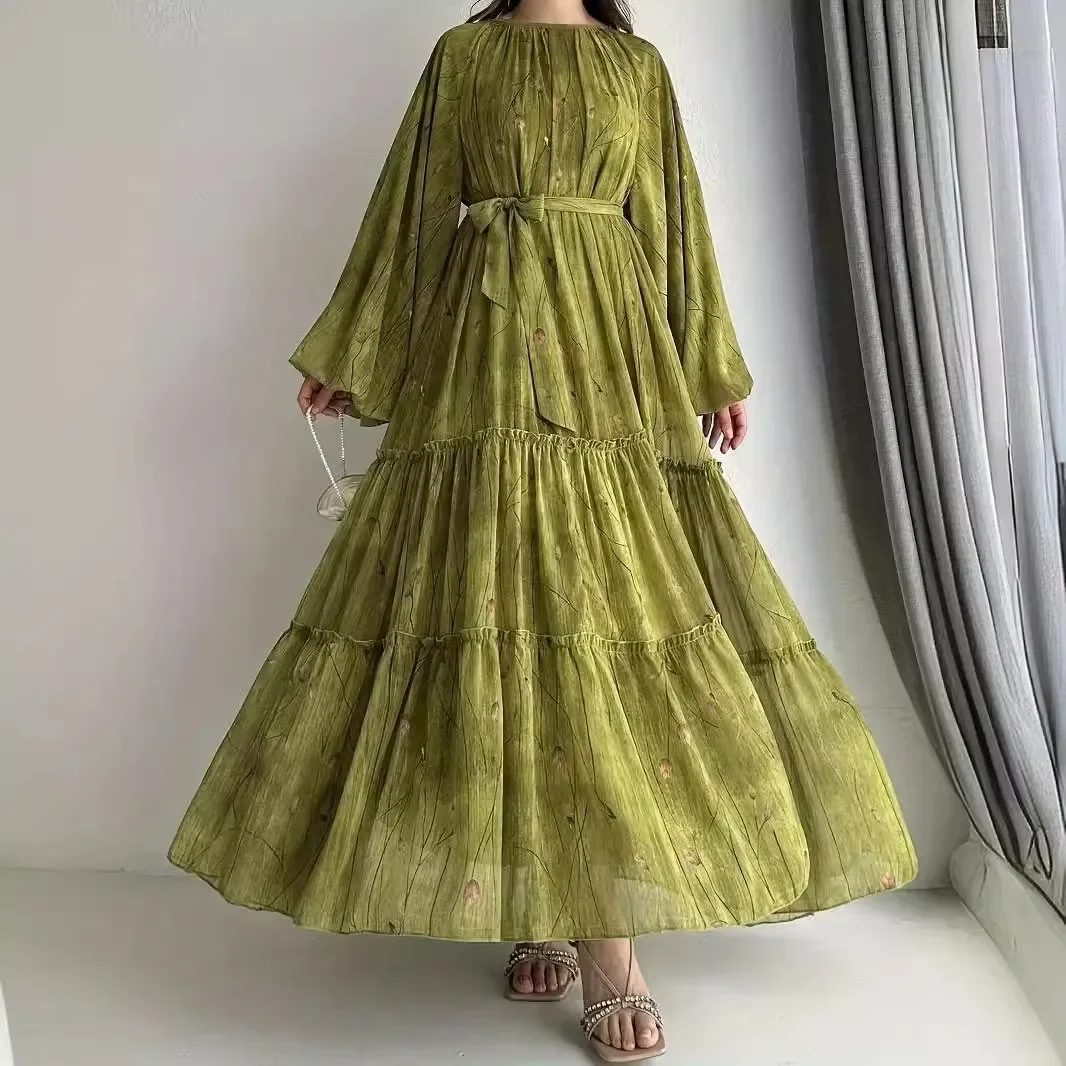 Moslim Gewaad Voor Vrouwen In Dubai, Saudi-Arabië. Marokkaanse Abaya, Modieuze Chiffon Gordel Gewaad, Modieuze En Elegante Jurk.: L / Crème