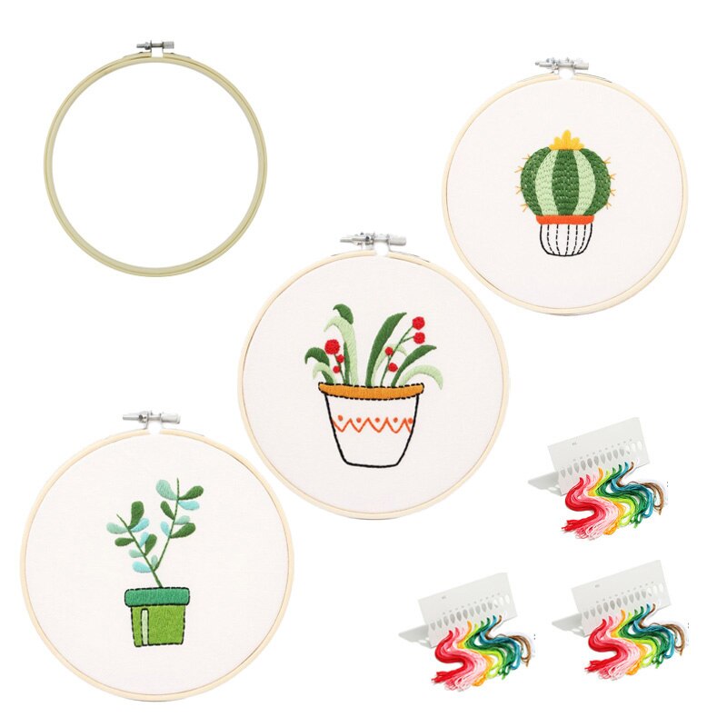 Kit de broderie avec motif Cactus et plante en bambou, 3 pièces, points de croix imprimés, couture artisanale, peinture d&#39;art: a 3PCS with 1 hoop