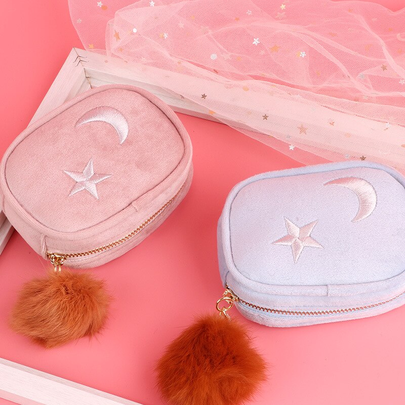 Dziewczyny monety kiesy jednolity kolor wykwintne haftowane gwiazdy zamek błyskawiczny kosmetyki szminka monety kiesy pluszowy wisiorek przenośne monety kiesy