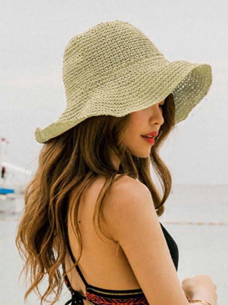 Opvouwbare Stro Strand Hoed Vrouwen Reizen Uv Zomer Vrijetijdsbesteding Spelen Strand Hoed Hoed Brede Rand Zonnehoed