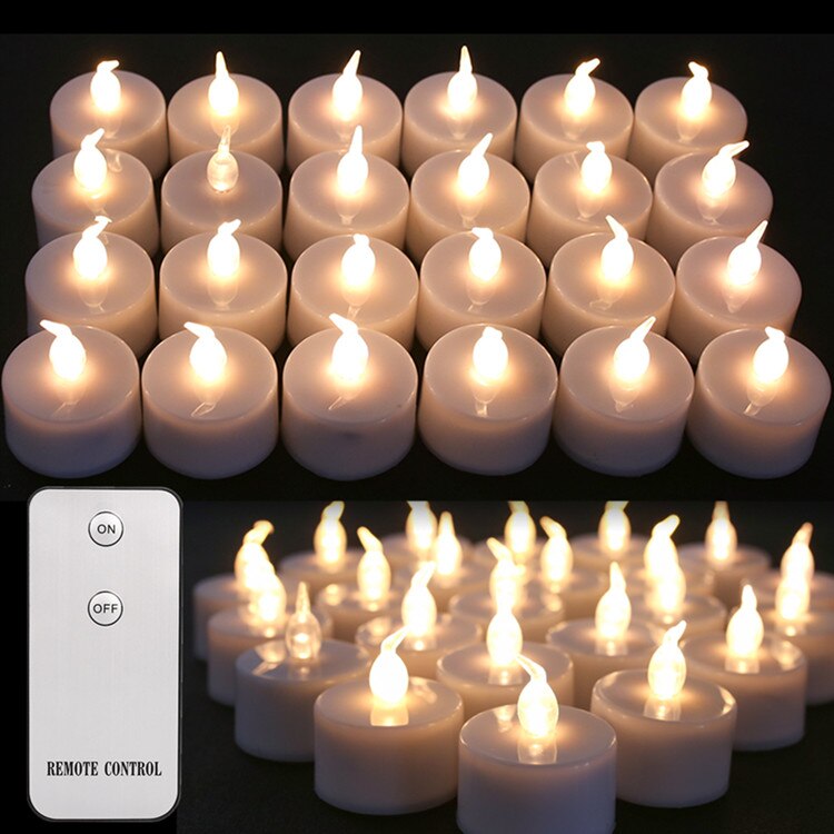 24 stk flimrende led fyrfadslys fjernbetjening batteridrevne flammeløse stearinlys til hjemmefest fødselsdag julepynt: Fjernbetjening a