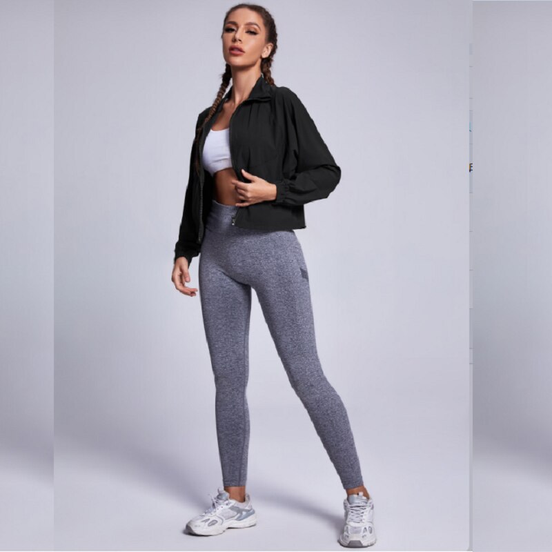 Damen-sport-fitness-tops, yoga-kleidung, jacke, stehkragen, reißverschluss-cardigan, locker, dünn, laufbekleidung, lange ärmel, damen-fitnessstudio-training