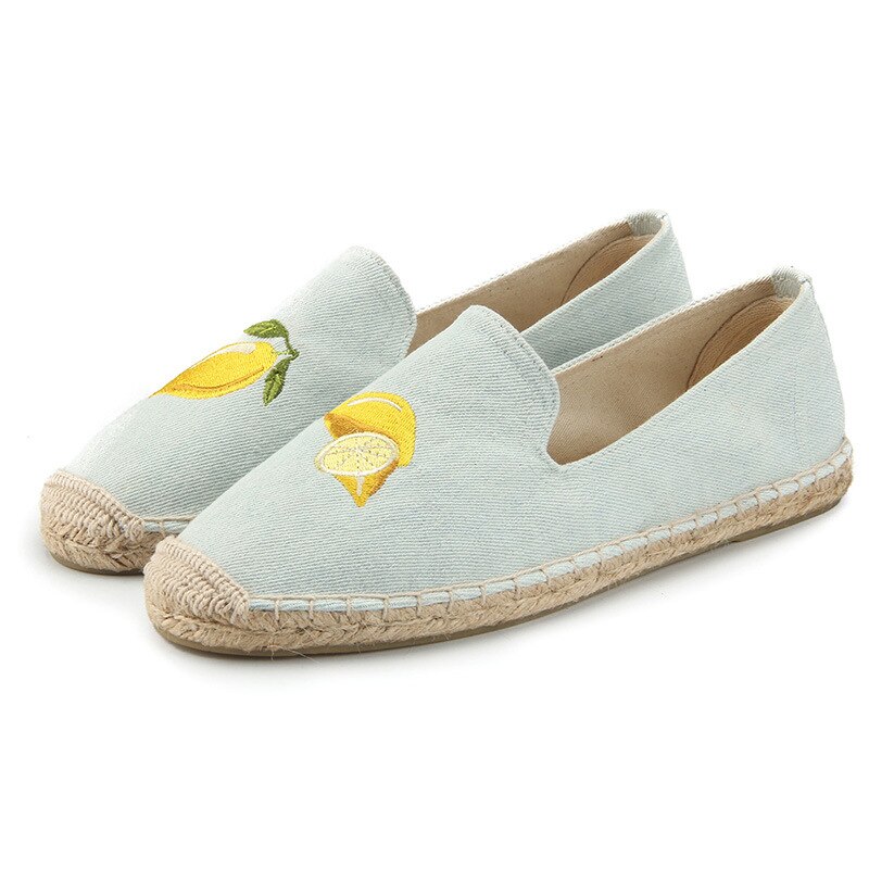 Alpargatas informales con bordado de limón para mujer, zapatos transpirables de lona de cáñamo y lino,