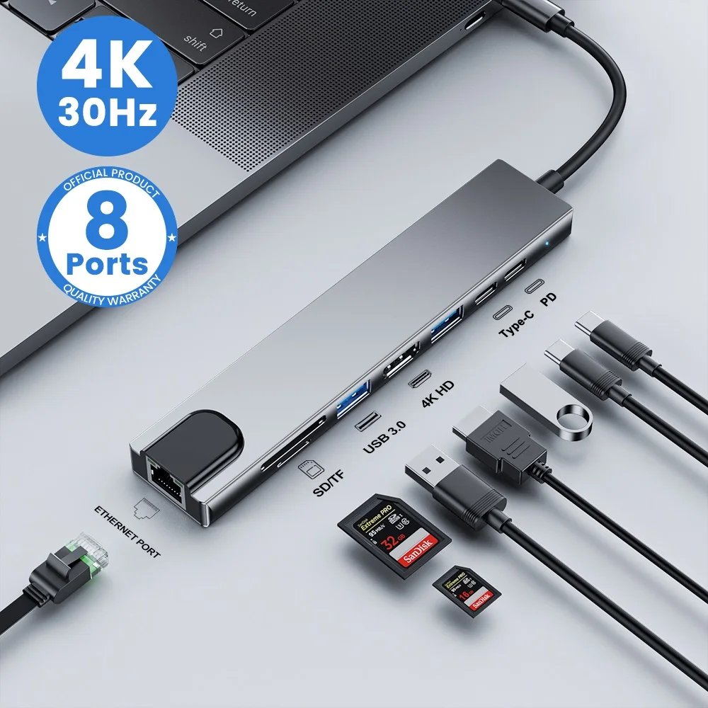 Usb c hub 8in1 7in2 7in1 tipo c 3.1 para 4k adaptador hdmi com leitor de cartão rj45 sd/tf pd carga rápida para macbook notebook portátil