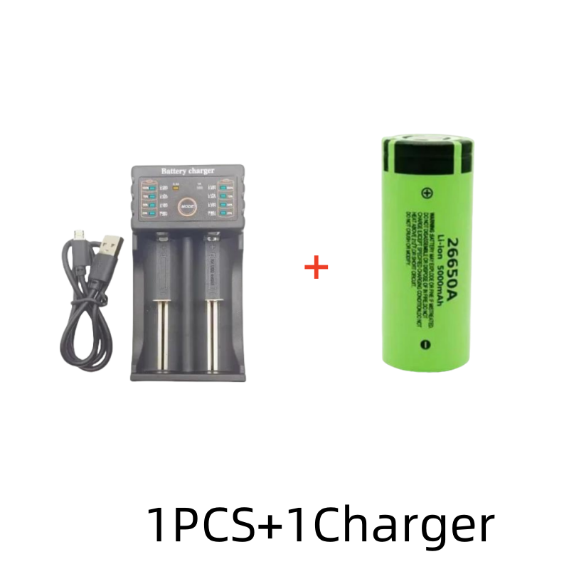 Original hochwertiger 26650-Akku 5000 mAh 3,7 V 50 A Lithium-Ionen-Akku für 26650 A LED-Taschenlampe + Ladegerät: Silber