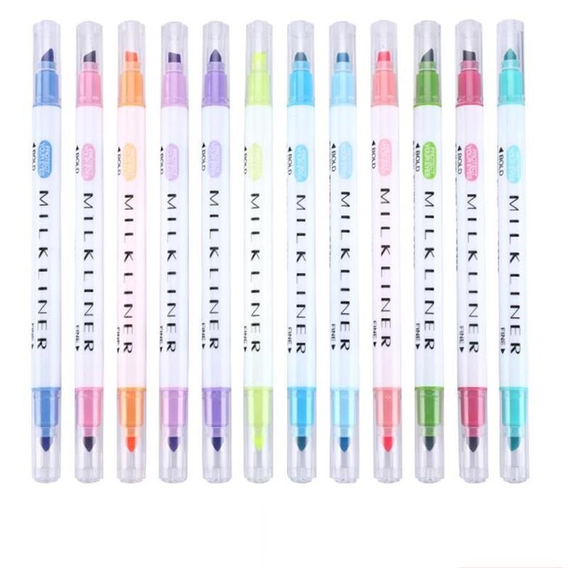 12 stk sødt dobbelthoved fluorescerende pen milkliner highlighters farvemarkørpen skoleartikler kawaii: Default Title