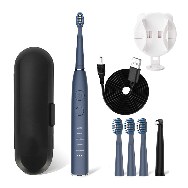Seago Schall- Elektrische Zahnbürste SG-575 Erwachsene Timer Pinsel 5 Modi Usb Aufladbare Zahn Pinsel Ersatz Köpfe und Reise Kasten: Blau Bürste-1Halter