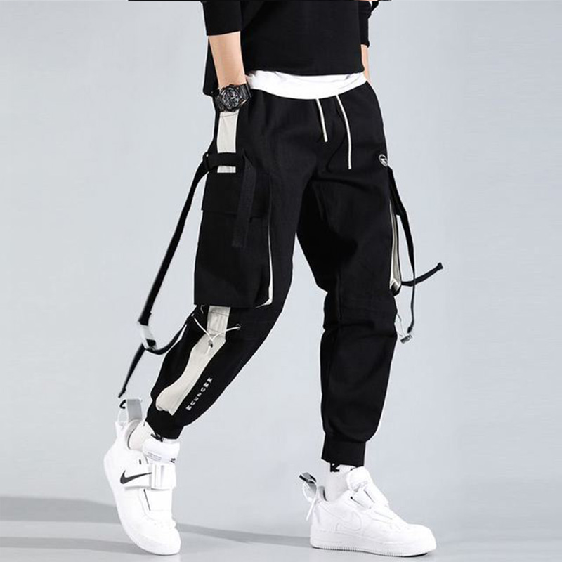 Pantalones bombachos para hombre, pantalón de chándal con cintas y múltiples bolsillos, de cintura elástica, informal, Color negro