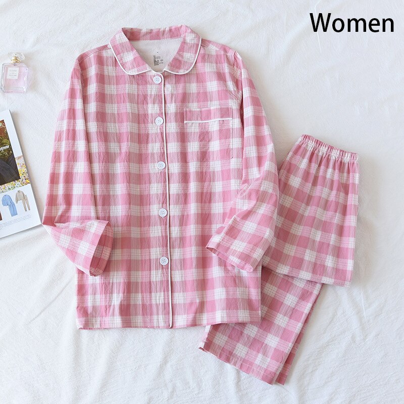 Conjunto de 2 unids/set de pijamas para hombre y mujer, pantalones y Tops finos de manga larga, traje de Pijama largo a cuadros, ropa de dormir para pareja, primavera, verano y otoño: A / L