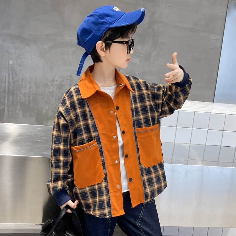 Camisa de manga larga para niños, ropa informal naranja para adolescentes, camisas a cuadros para escuela, Primavera, nueva , blusa para niños, prendas de vestir exteriores