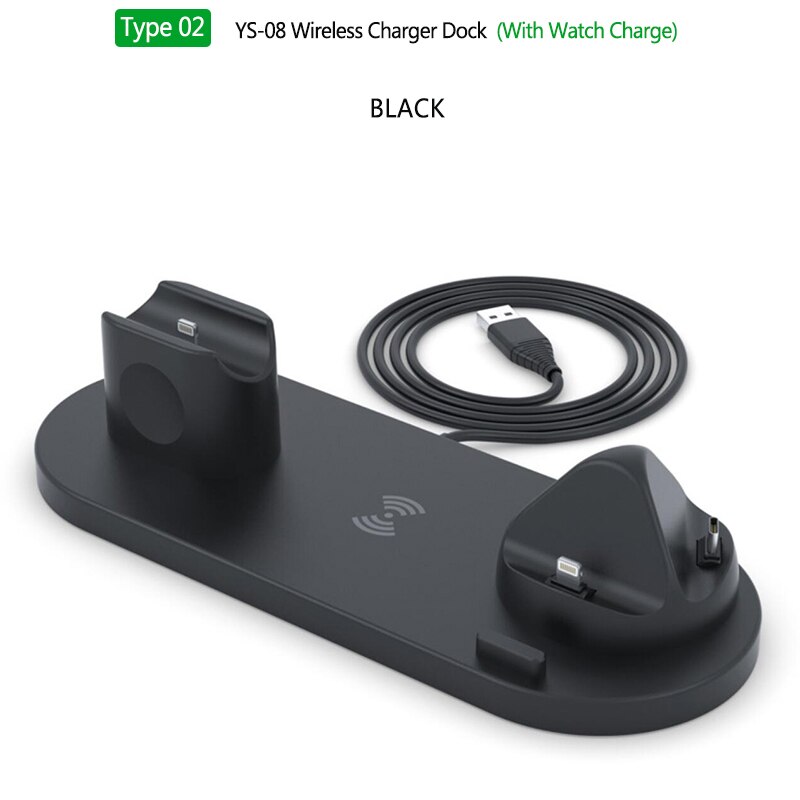 10W 3in1 Wireless Charger Stand Dock for iPhone 11 Pro Xs X Wireless Fast Charging Station for Airpods Pro 2 Apple Watch 5 4 3: Type 2 Dock Black