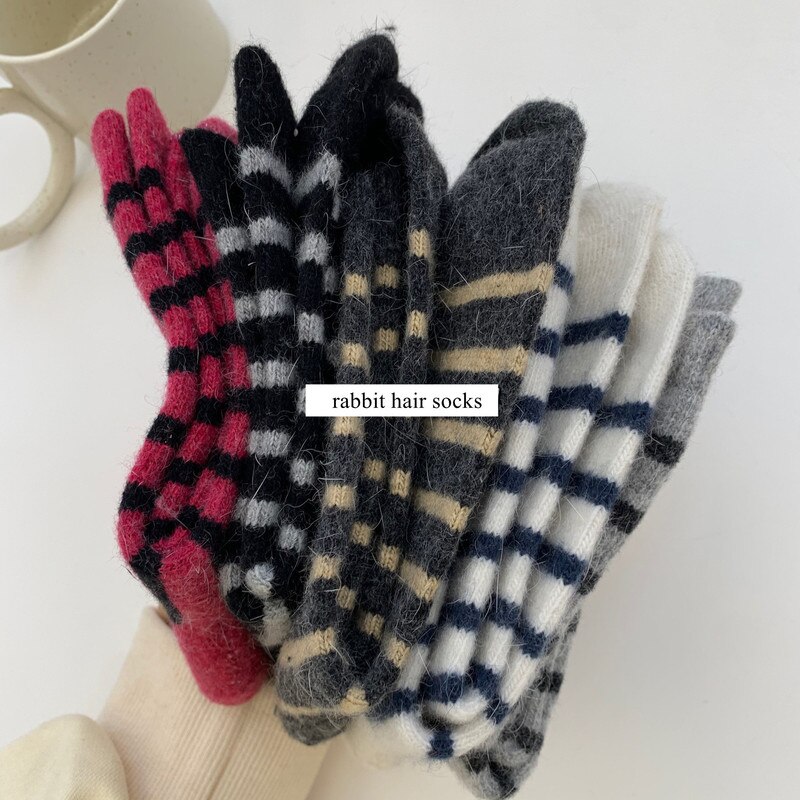 Chaussettes en poils de lapin pour femmes, décontractées à rayures, longues en laine de cachemire, hiver, épaisses et chaudes, Streetwear, chaussettes thermiques d&#39;équipage, , 20%