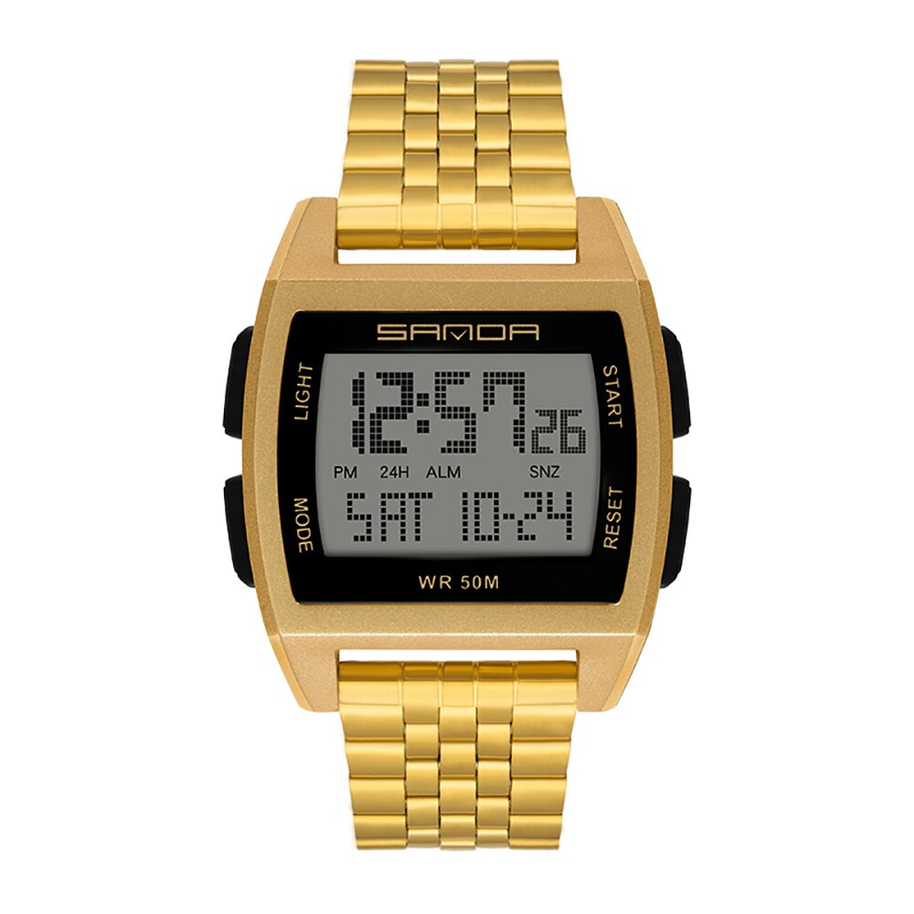 SANDA Watch Square Men Watches Stainless Steel Multi-Function Electronic Watches Luminous Waterproof Casual Sport Watch: gold