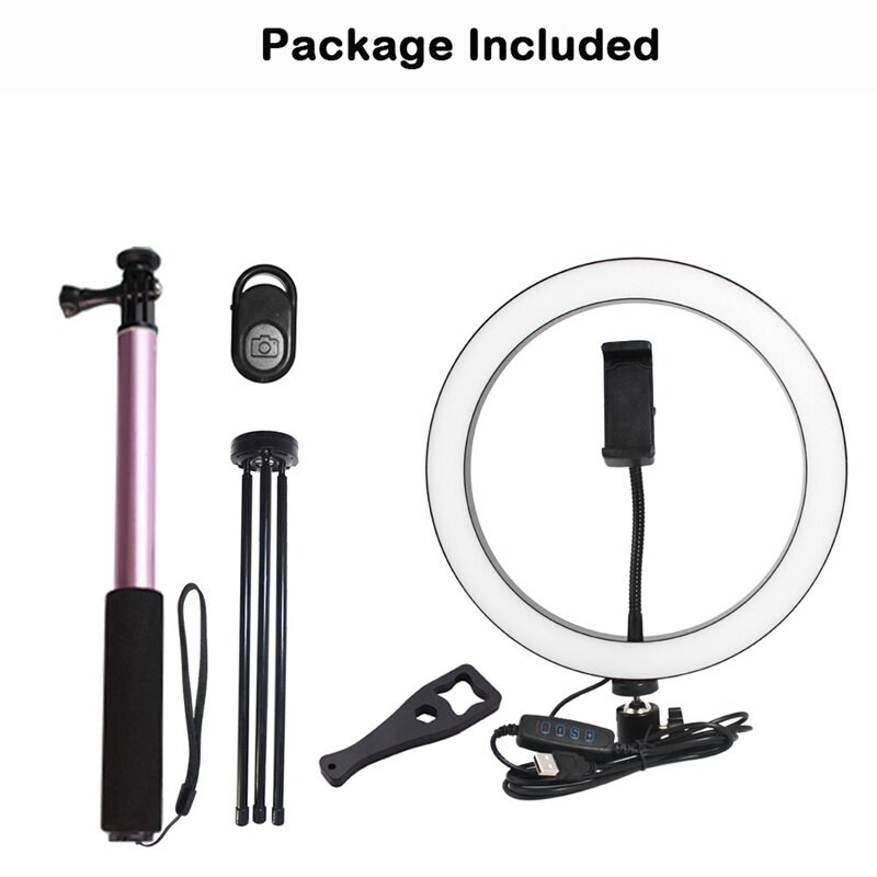 26CM Dimmable LED Ring Light Photo Phone Video Light Lamp with Tripods Selfie Stick Ring Light Phone Holder(Pink)