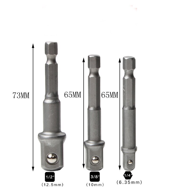 3pc 8pc poran hylsysovitin iskunvaimentimelle, jossa on kuusiokolon muotoinen neliömäinen hylsyporanterän palkin jatke 1/4 " 3/8 " 1/2 -bittinen sarja: 3 kpl setti  (65-73mm)