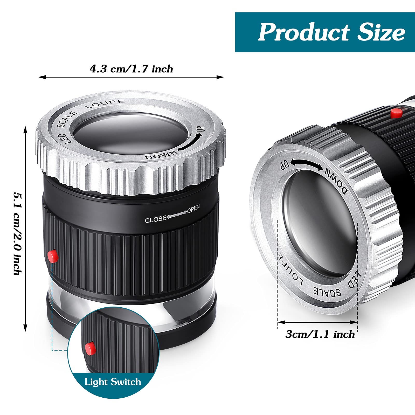Lupa de bolsillo 30X con escala, Lupa iluminada con luz LED UV, Lupa HD Focal ajustable, herramienta de joyería, Lupa de lectura