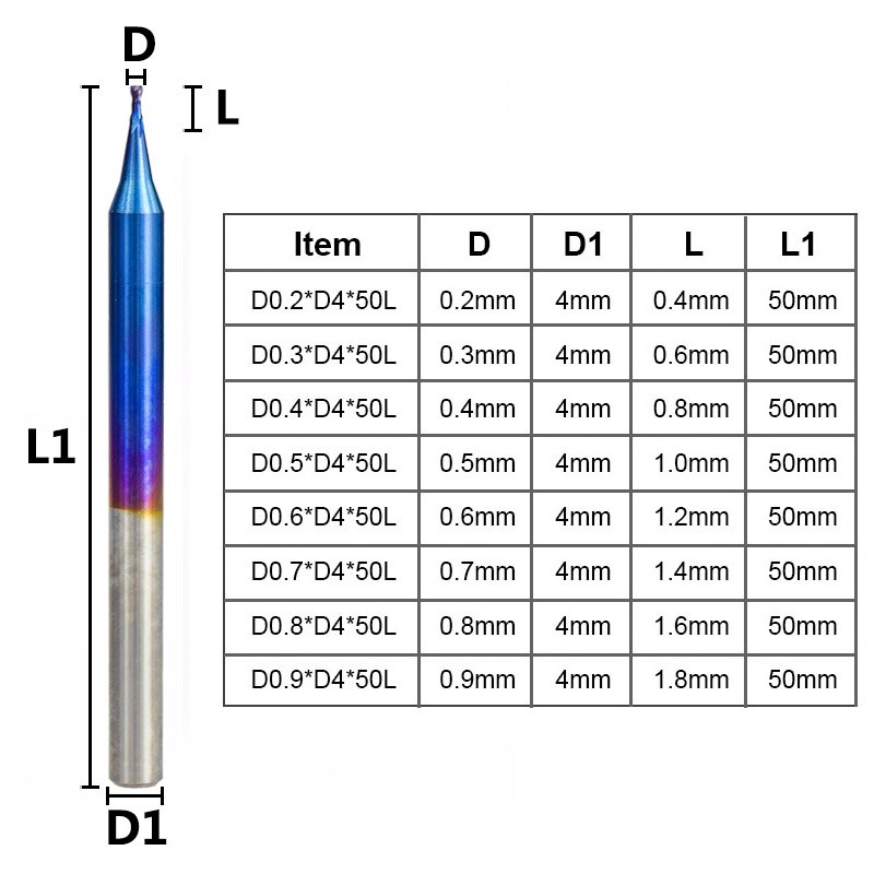 1pc 4mm tige fraise plate 0.2-0.9mm Micro gravure peu 2 cannelures Nano bleu enduit CNC fraise