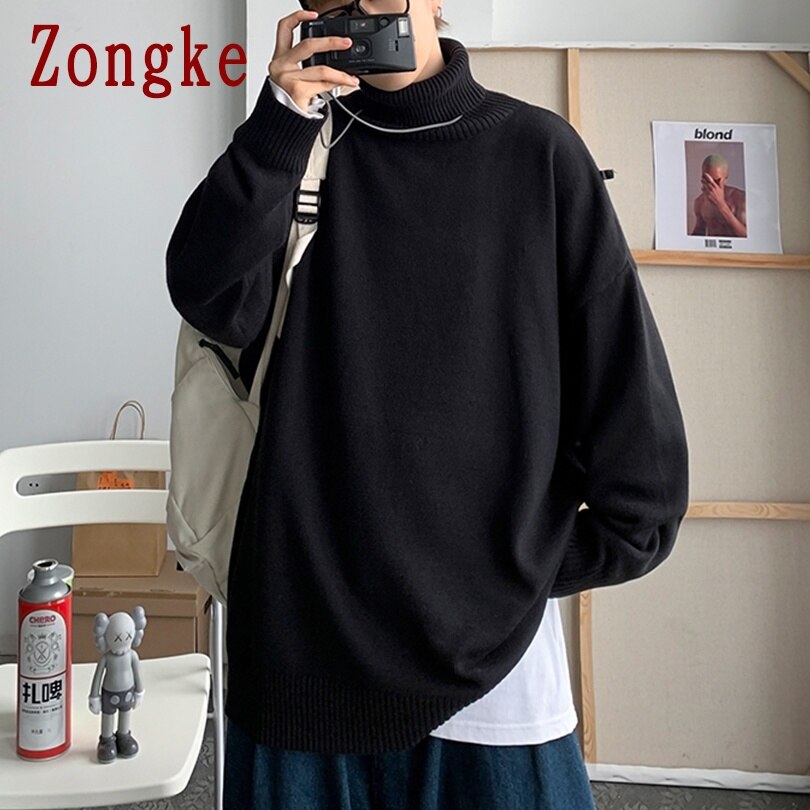Zongke Samurai estampado de gato cuello alto de punto suéter de los hombres ropa de cuello de los hombres suéter de suéter o Chompa para hombre M-3XL