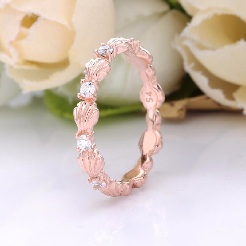 Authentic 925 Sterling Silver Beaded Seashell Band Ring Sparkling Rings For Women Original DIY Jewelry: 7.5 / R