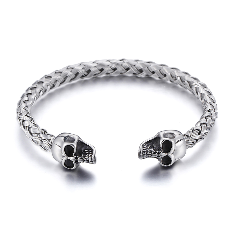 Kalen Double Skull Skull Gold Color Hip Hop Style Stainless Steel Open Bracelet Men's Jewelry: Light Yellow Gold Color