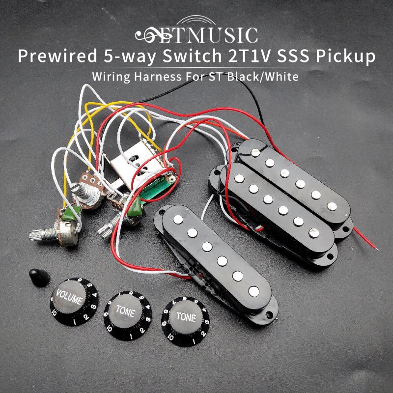 Arnés de cableado eléctrico para guitarra con cable interruptor de 5 vías 2T1V SSS Pickup para guitarra eléctrica ST negro-blanco