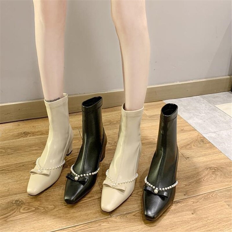 Bottines élégantes avec perles pour femmes, chaussures confortables à talons carrés, courtes en Pu, en plissage, collection automne-hiver