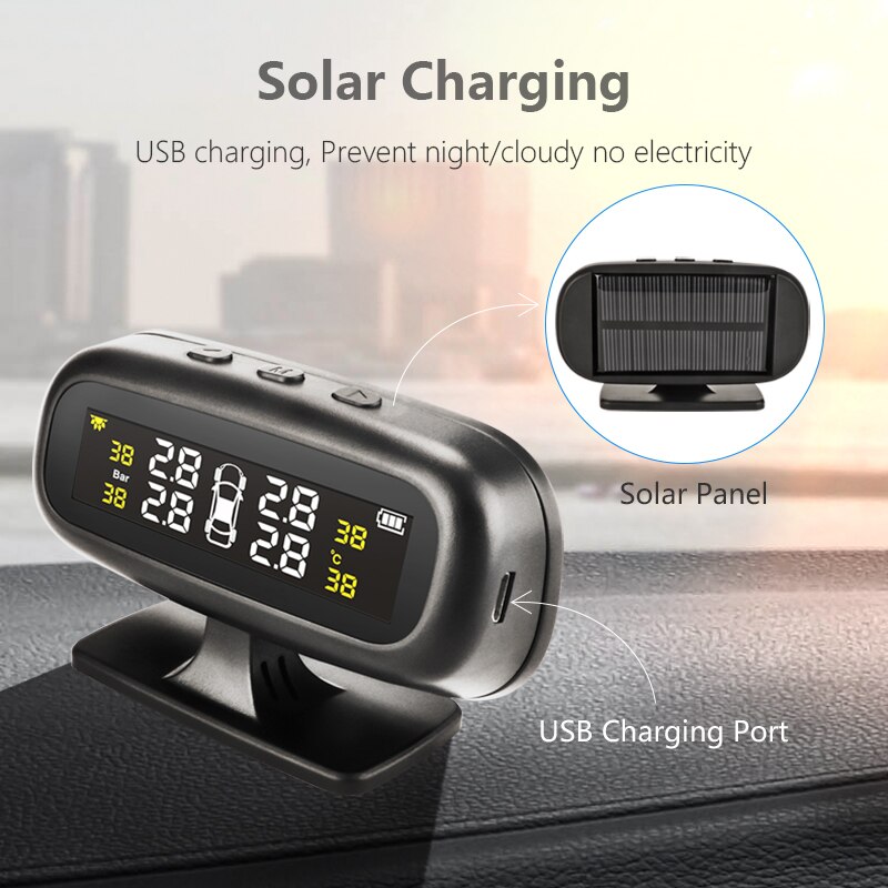TPMS Car Tire Pressure Temperature Monitoring System with Four Sensors High-Precision Intelligent Alarm LCD display USB output
