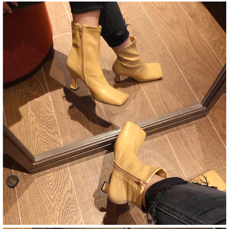 Women Soft Leather Sock Boots Square Toe Beige Yellow 6cm High Heels Ankle Boots Elastic Chelsea Boots Shoes Botas Mujer