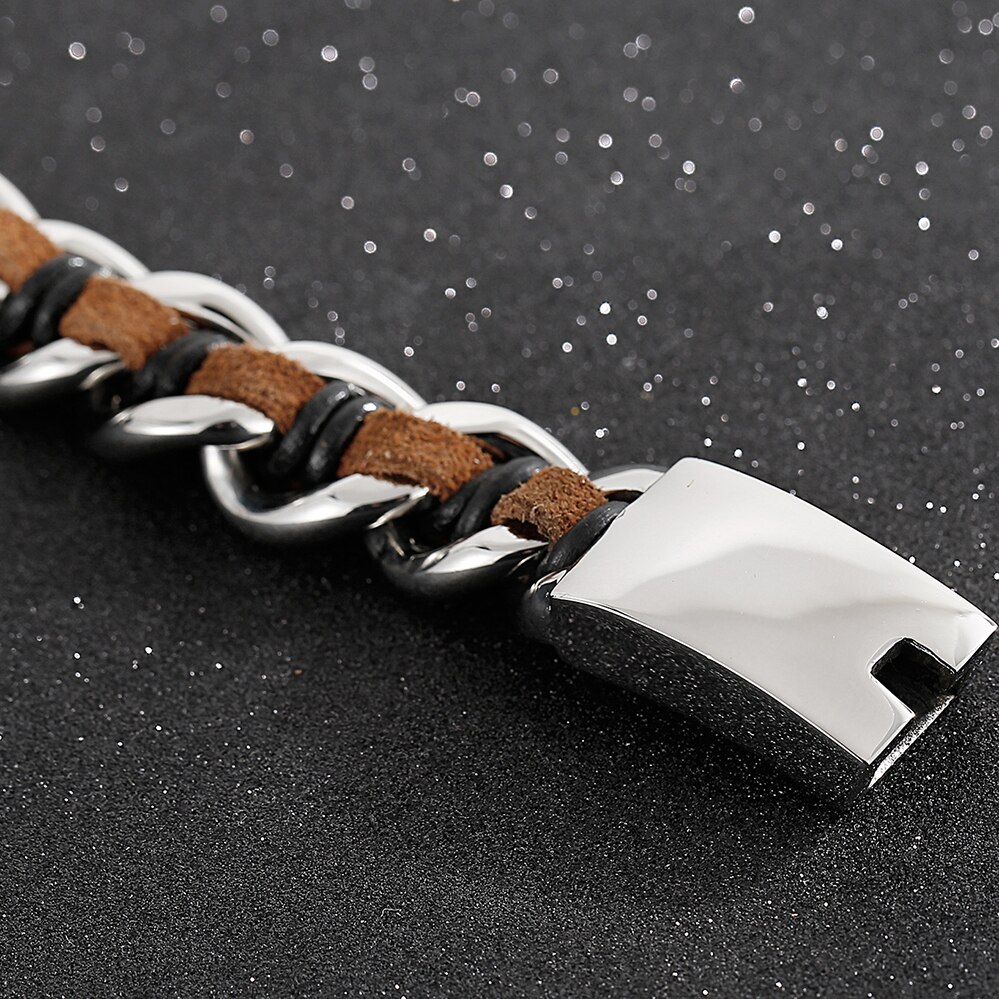 Handgemaakte Lederen Wrap Armband Mannen Jongens Armbanden Titanium Rvs Heren Biker Sieraden Accessoires Manchet Bangle Mannelijke