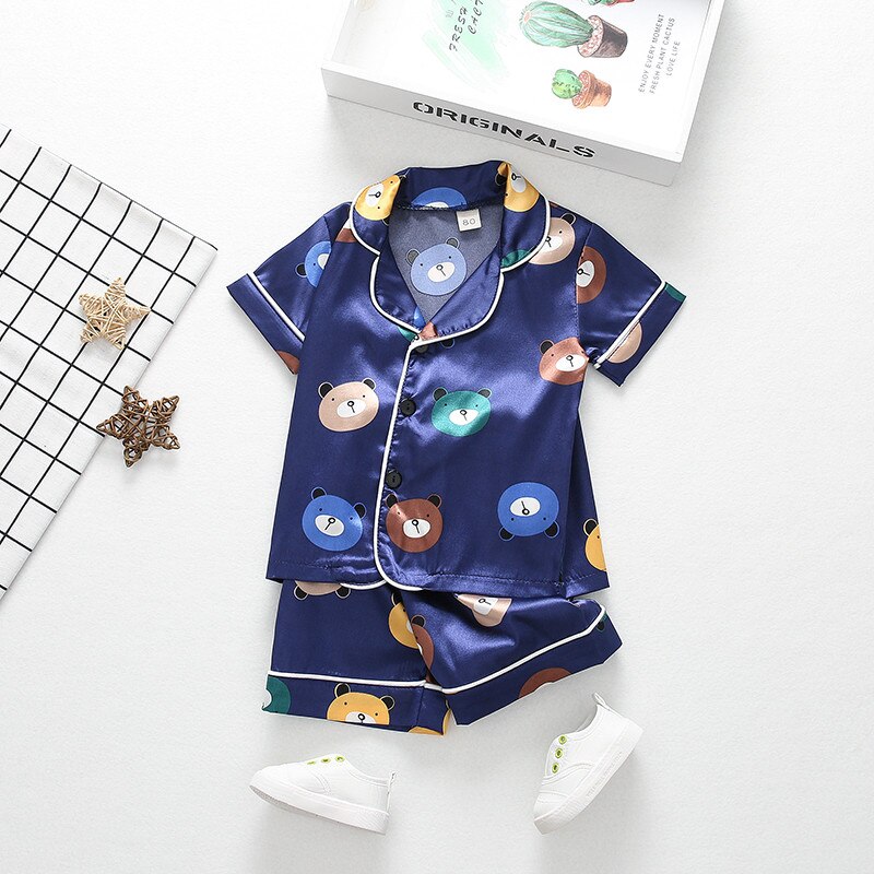 enfant en bas âge enfants garçon fille vêtements de nuit pyjamas ensemble été à manches courtes chemise imprimé fleuri Shorts Homewear vêtements doux dormir: Bleu / 110