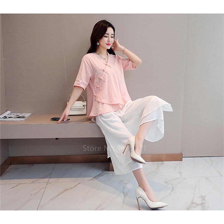Summer Women Chinese Tai Chi Uniform Traditional Retro Casual Yoga Zen Short Sleeve Woman Blouse Trousers Solid Hanfu Tea Set