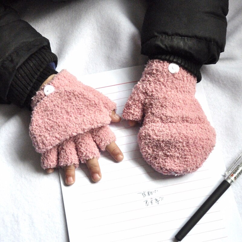 Guantes para niños de la escuela primaria de Cachemira medio dedo Flip Cover Mittens invierno Thicken Warm guantes para niños niñas 5-11Y