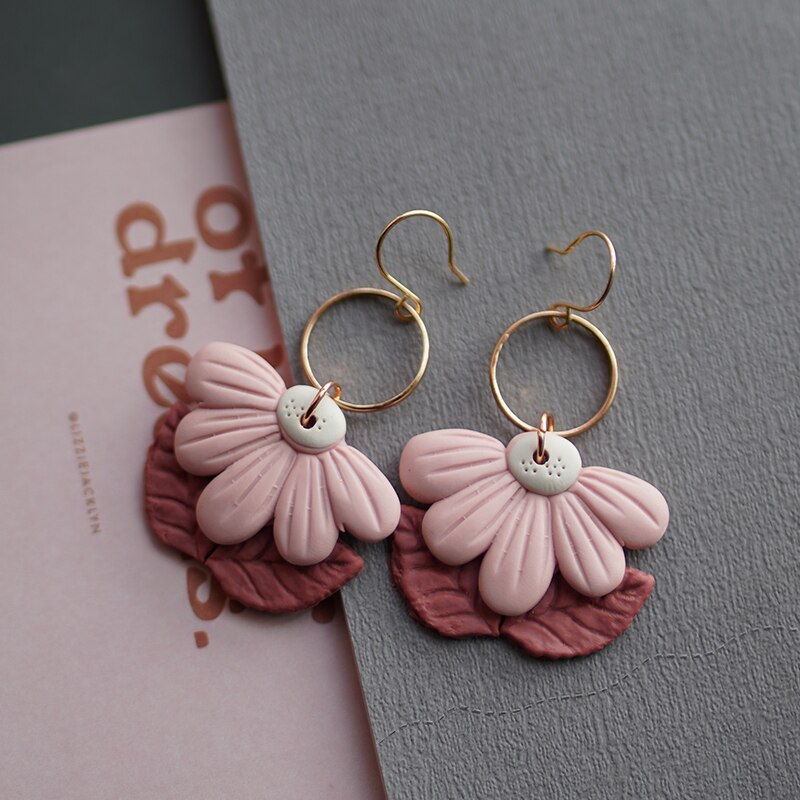 Flower Shape Ring Dangle Multi Colors Big Size Handmade Polymer Clay Spring Collection Earring Sets Statements Jewelry