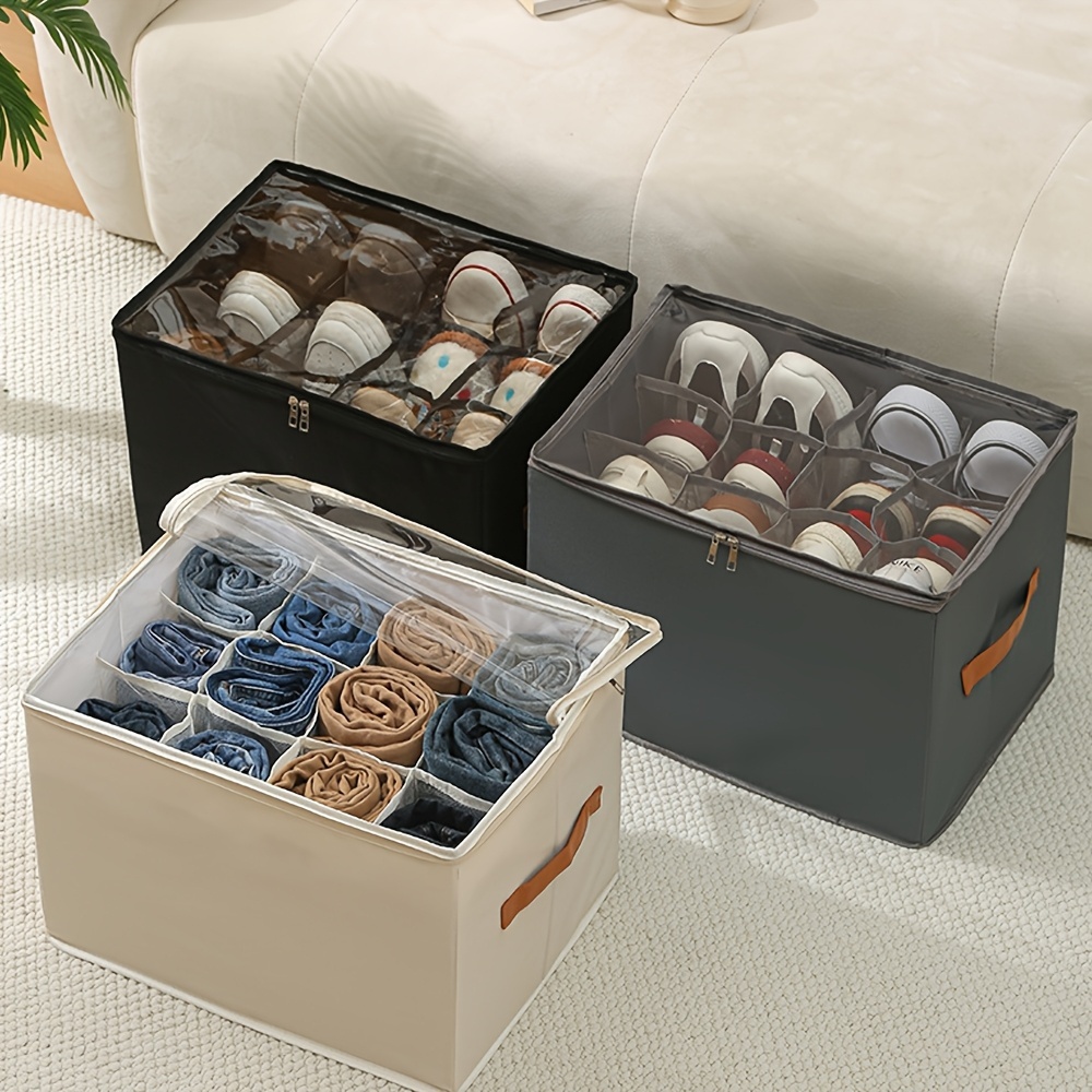 1pc Multiple Lattices Shoes Storage Box Foldable Separated Shoes Box Large Capacity With Handle Shoe Dispenser Shoes Organizer