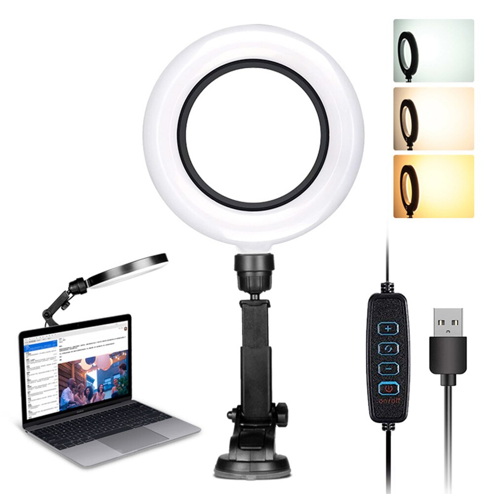 Lampe LED pour Webcam, installation facile, conférence vidéo, Rotation de 360 degrés, Zoom, rencontre avec ventouse, éclairage annulaire, alimenté par USB, pour ordinateur portable