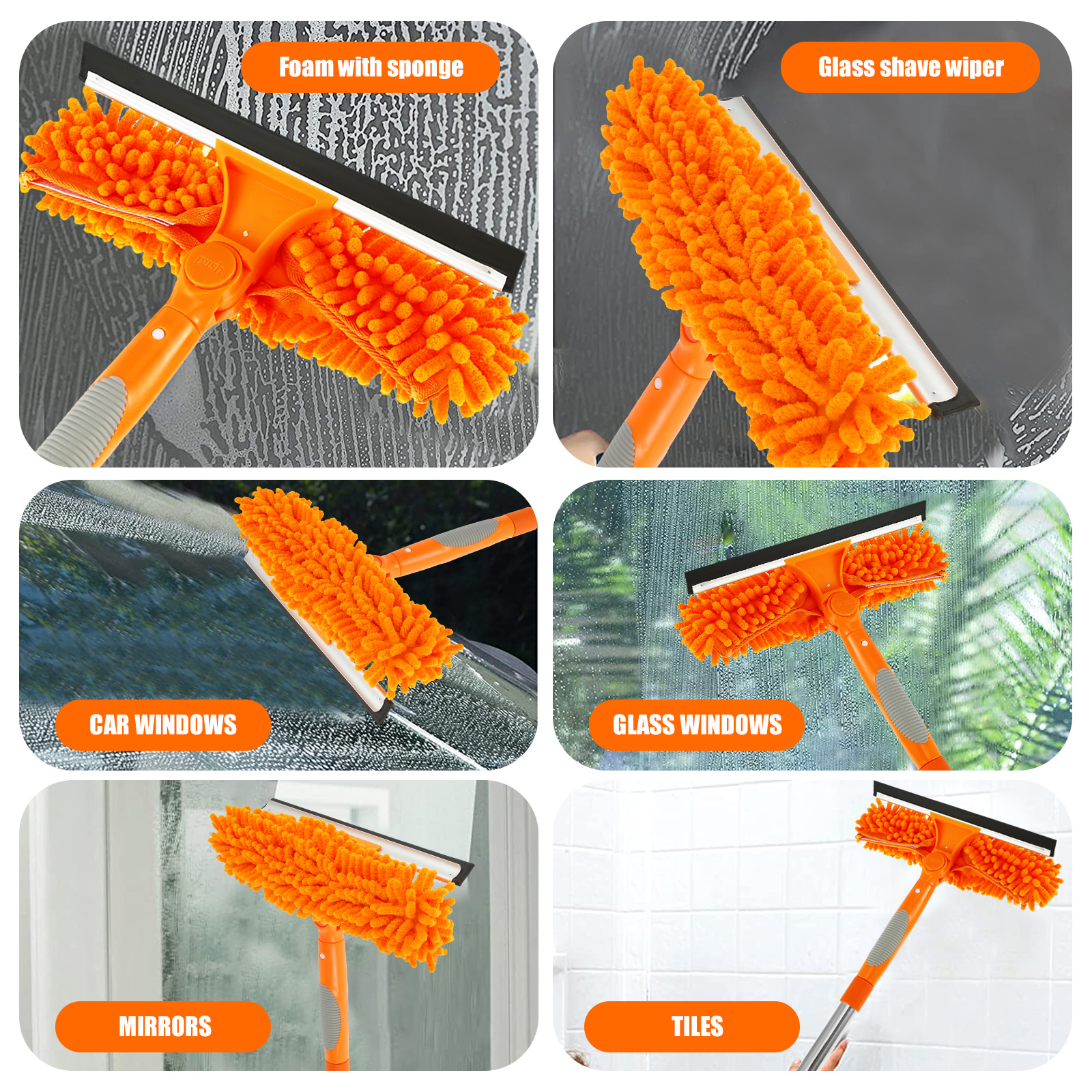 Extendable Window Cleaner Tools Set 180° Rotatable Long Handle Window Mop Household Squeegee Wiper Dust Cleaner Brush