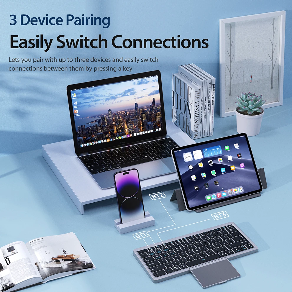 Bluetooth Toetsenbord Opvouwbaar Toetsenbord Met Touchpad Lederen Case Oplaadbare Multi-Device Draadloze Bluetooth 5.2 Tablet Toetsenbord