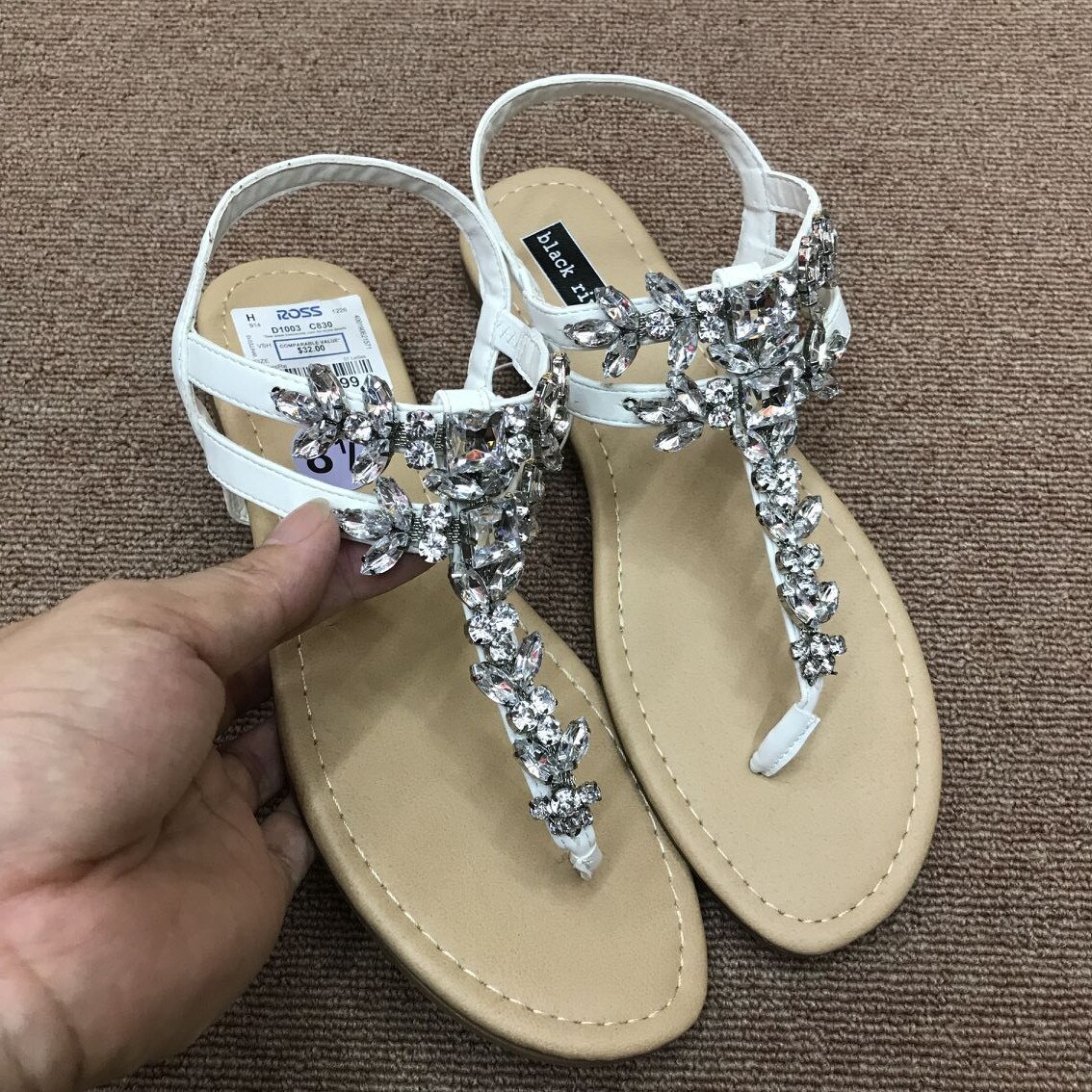 Sandalias planas de boda para mujer, zapatos con diamantes de cristal de talla grande, sin cordones, Blanco nupcial, talle grande, con punta de perla ostentosa, zapatos con aro: 8