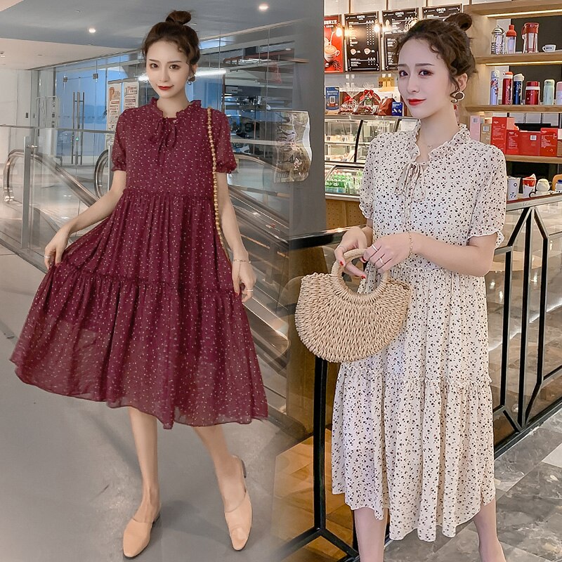 2205 Zomer Koreaanse Mode Moederschap Lange Jurk Zoete Bloemenprint Chiffon Kleding Voor Zwangere Vrouwen Losse Zwangerschap