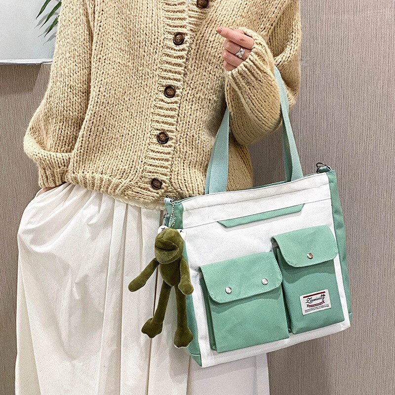 Women&#39;s Double Pocket Canvas Bag Trend Single Shoulder Bag with Lid Zipper Messenger Bag Tote Bag Student Tuition Bag