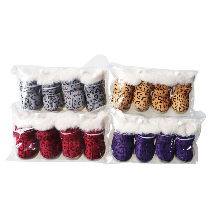 4 Stuks Leopard Gedrukt Hond Booties Zachte Gevlokt Pet Sneeuw Boot Winter Antislip Warm Kleine Hond Schoenen Voor teddy Bichon