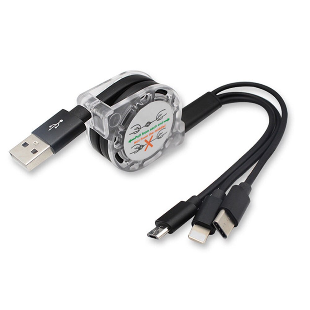 3 in 1 usb kabel til iphone samsung xiaomi multi hurtig opladning oplader usb type c type c micro usb kabel til mobiltelefon: Sort