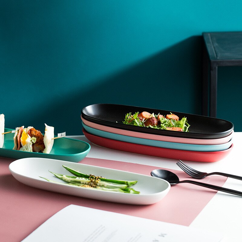 Plato de cerámica Rectangular ovalada creativa, plato de aperitivos para el hogar, plato de Sushi, vajilla de Hotel