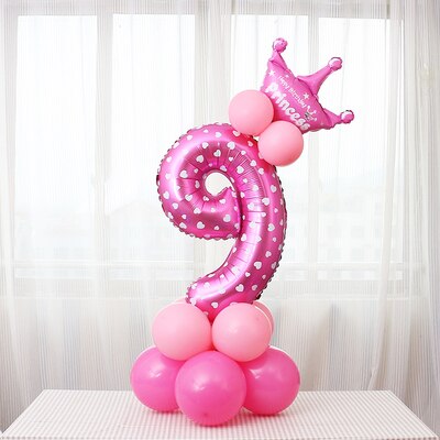 17 Stks/set 32 Inch Regenboog Nummer Folie Ballonnen Crown Digitale Helium Ballon Bruiloft Decoratie Verjaardag Feestartikelen: Solid color Pink 9