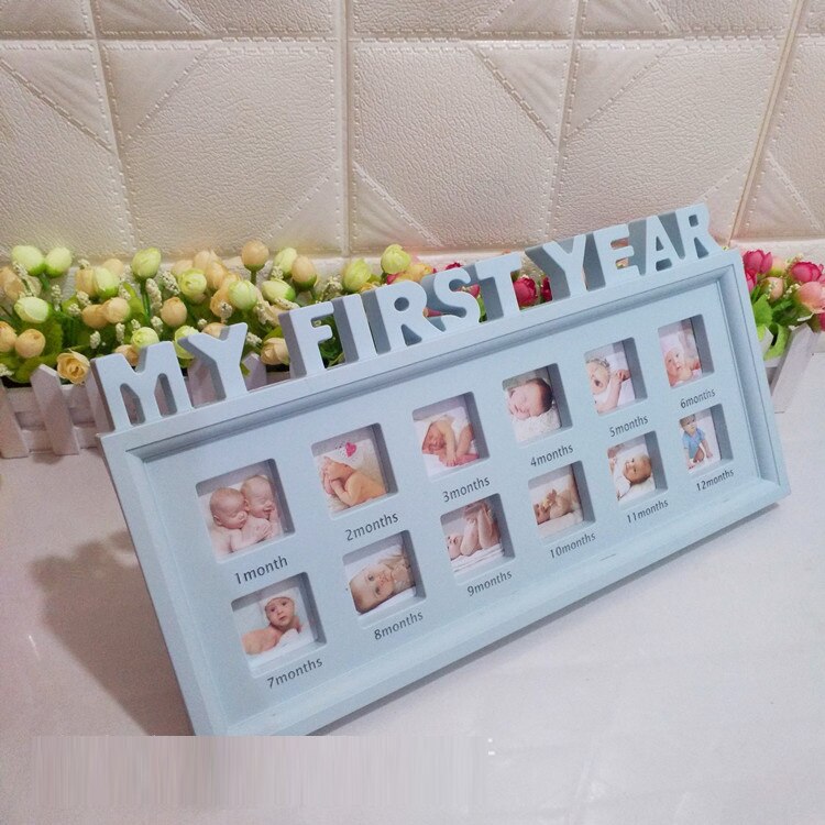 Creatieve DIY 0-12 Maand Baby MIJN EERSTE JAAR Foto 'S Souvenirs Herdenken Kids Groeiende Geheugen Display Plastic Foto frame: Blue