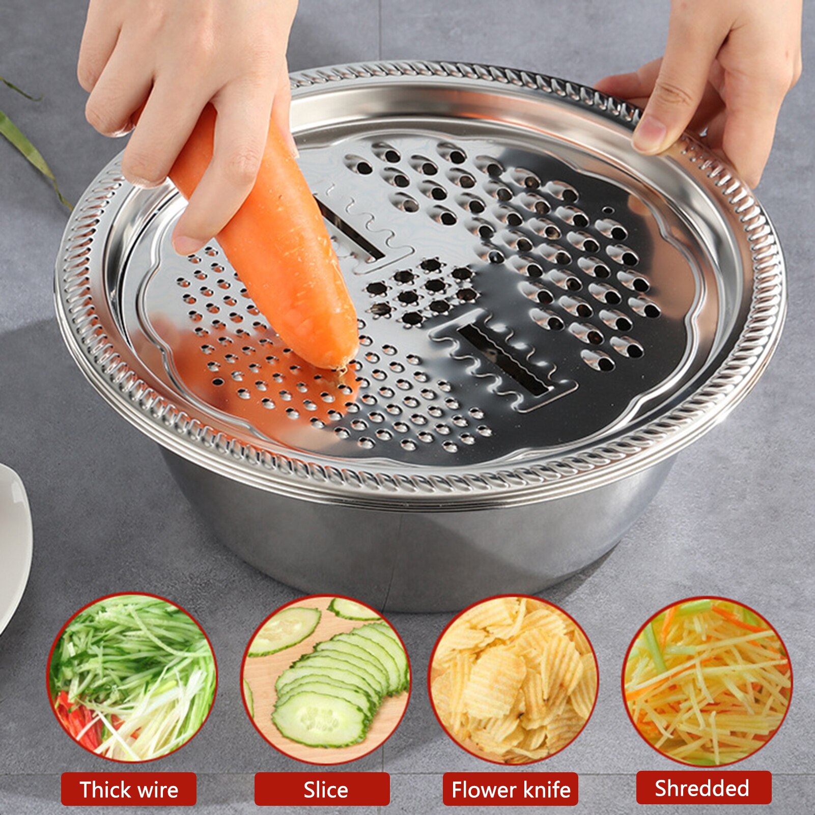 Kitchen Basin Thicken Stainless Steel Basin 3 in 1 Stainless Steel Grater Solid Basin Drain Basket Washing Bowl Set Kitchen Tool